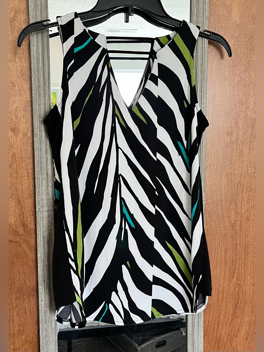Sleeveless Zebra-Print V-Neck Top in Black & White with Teal and Olive Accents
